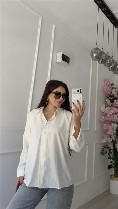 Bürümcük Dokulu Oversize Kesim Krem Gömlek