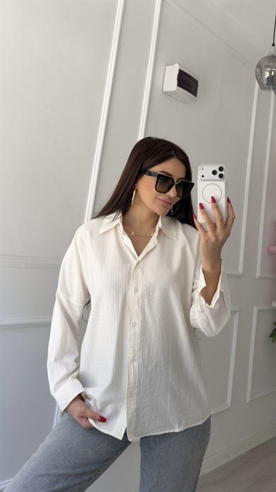 Bürümcük Dokulu Oversize Kesim Krem Gömlek