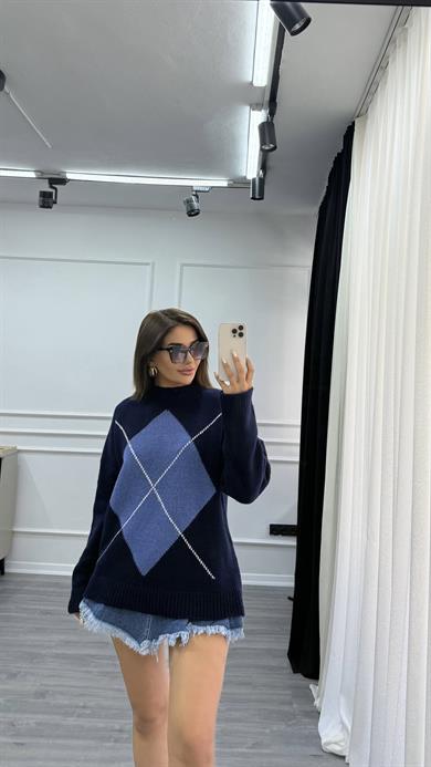 Büyük Baklava Desen Lacivert Kazak