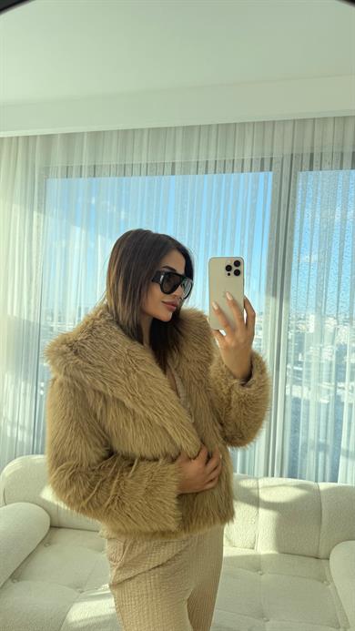 Camel Şal Yaka Kadın Mont Rahat Kalıp İç Astarlı Premium Kalite  Kürk 