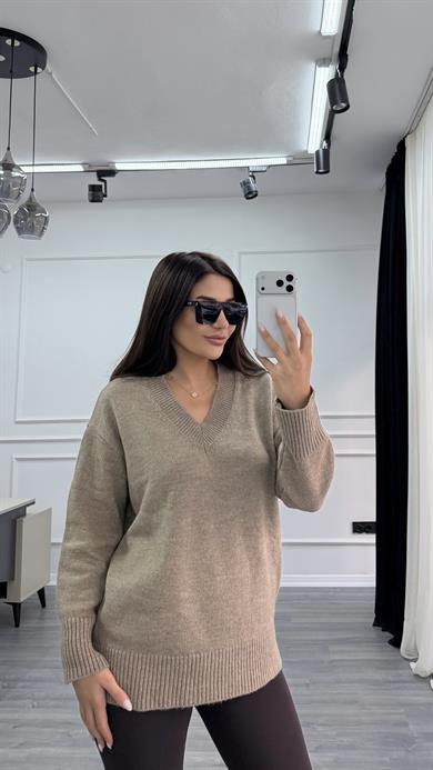 Camel V Yaka Standart Beden Oversize Basic Triko Kazak