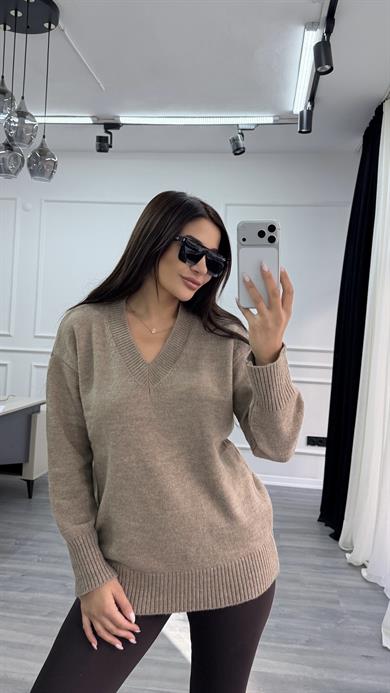 Camel V Yaka Standart Beden Oversize Basic Triko Kazak