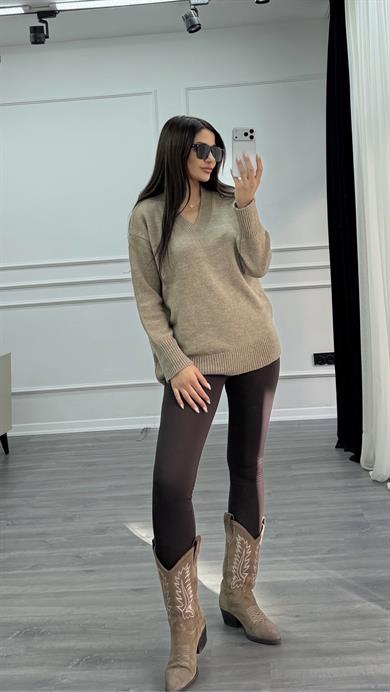 Camel V Yaka Standart Beden Oversize Basic Triko Kazak