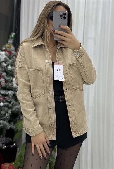 Cepli Yırtmaç Detaylı Oversize Denim-Ceket-Taba