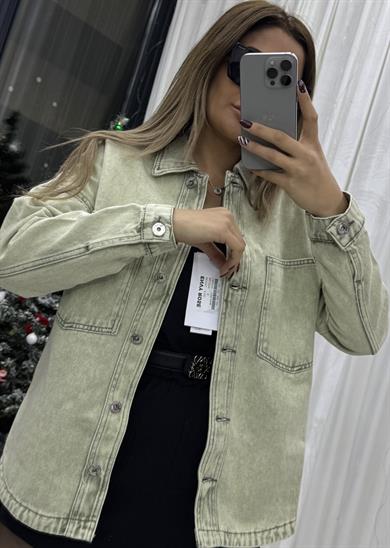 Cepli Yırtmaç Detaylı Oversize Denim Ceket-Yeşil