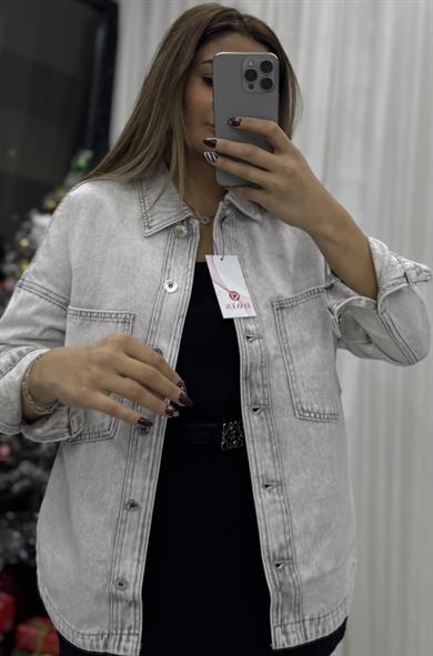 Cepli Yırtmaç Detaylı Oversize Denim Ceket-Gri