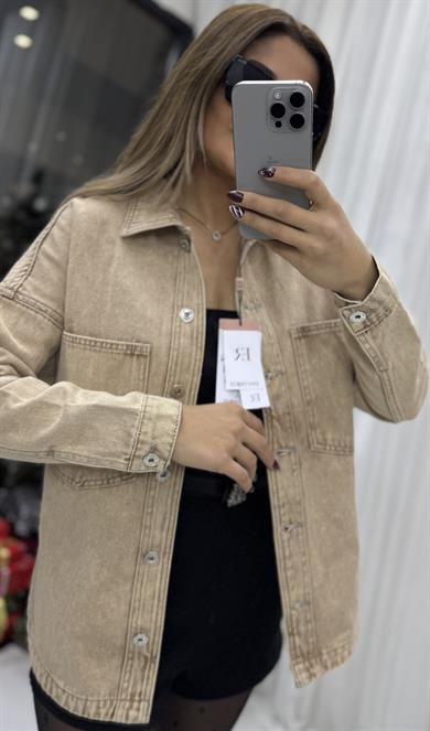 Cepli Yırtmaç Detaylı Oversize Denim-Ceket-Taba