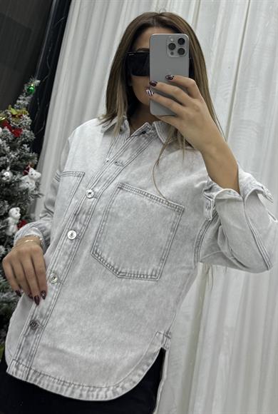 Cepli Yırtmaç Detaylı Oversize Denim Ceket-Gri