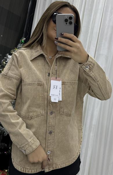 Cepli Yırtmaç Detaylı Oversize Denim-Ceket-Taba