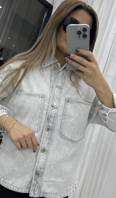 Cepli Yırtmaç Detaylı Oversize Denim Ceket-Gri