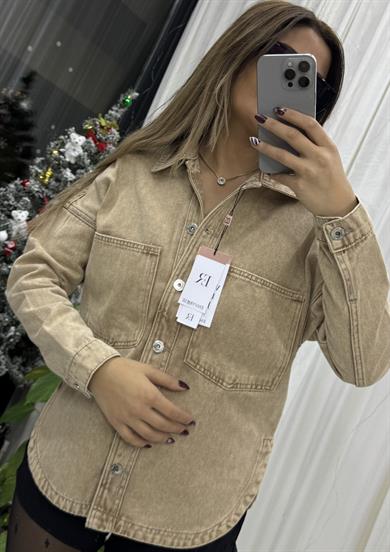 Cepli Yırtmaç Detaylı Oversize Denim-Ceket-Taba