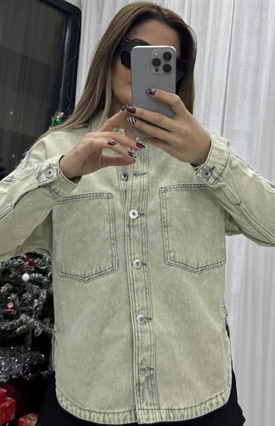 Cepli Yırtmaç Detaylı Oversize Denim Ceket-Yeşil