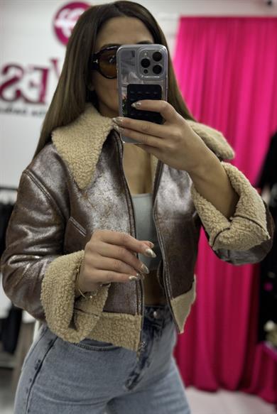 Çift Cepli Içi Kürklü Suni Deri Biker Ceket