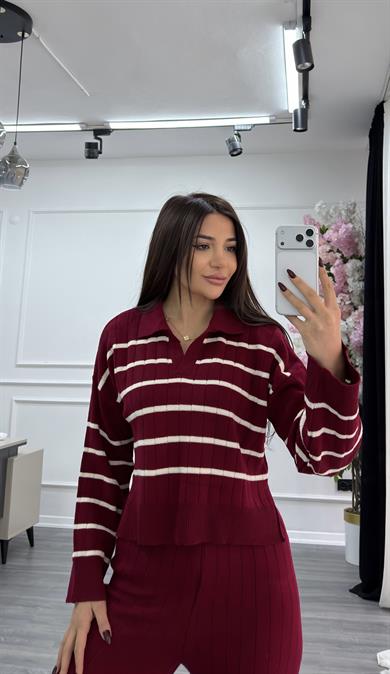 Çizgili 2li Triko Takım-bordo