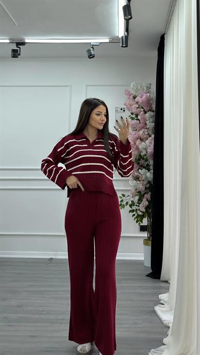 Çizgili 2li Triko Takım-bordo