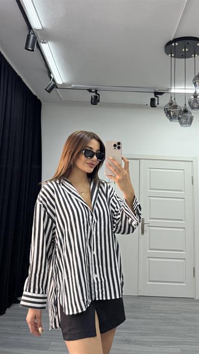 çizgili dokulu kadın oversize gömlek-Siyah
