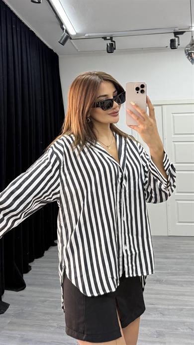 çizgili dokulu kadın oversize gömlek-Siyah