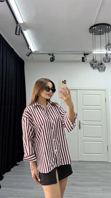 çizgili dokulu kadın oversize gömlek-Bordo