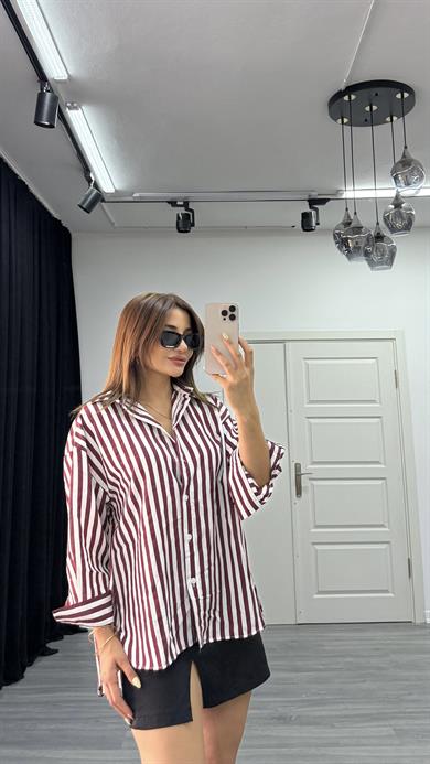 çizgili dokulu kadın oversize gömlek-Bordo