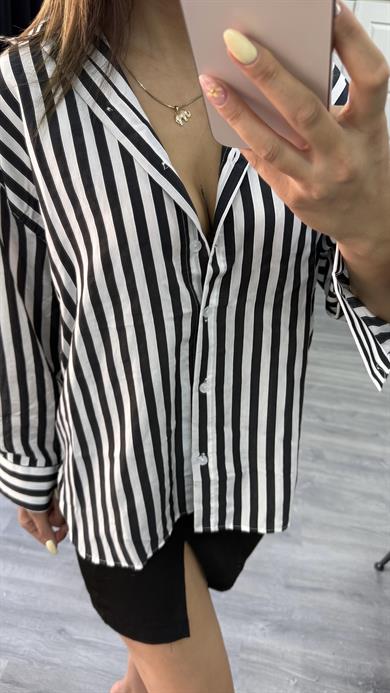 çizgili dokulu kadın oversize gömlek-Siyah