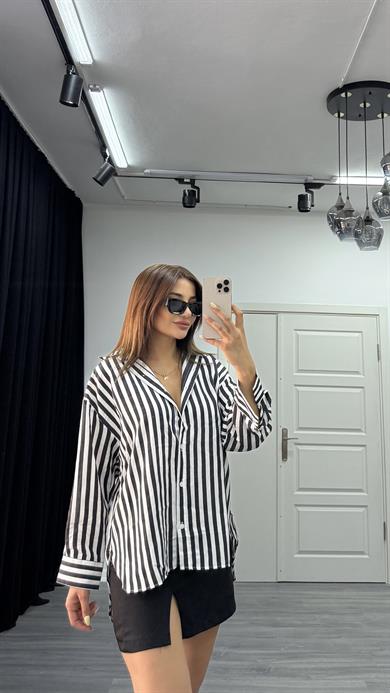 çizgili dokulu kadın oversize gömlek-Siyah