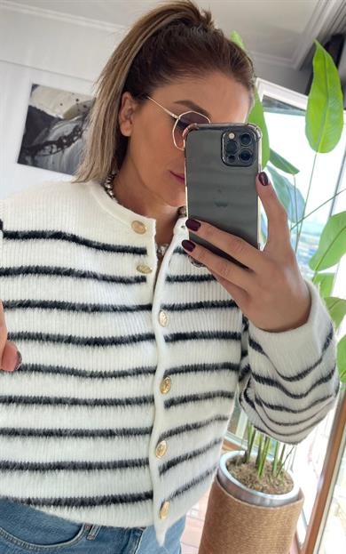 Çizgili Gold Düğmeli  Triko Hırka-Ekru