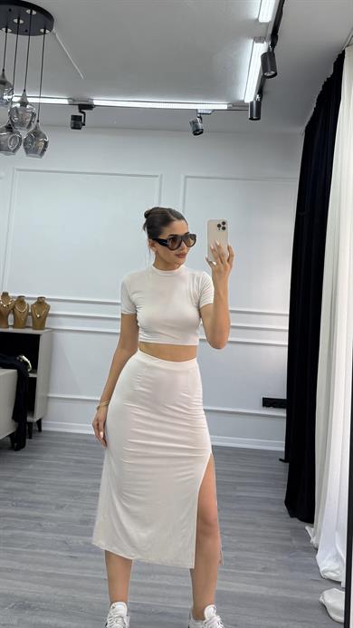 Esnek sandy Kumaş Crop Etek ikili Takım