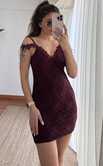 Dantel Detay Astarlı Esnek elbise-Bordo