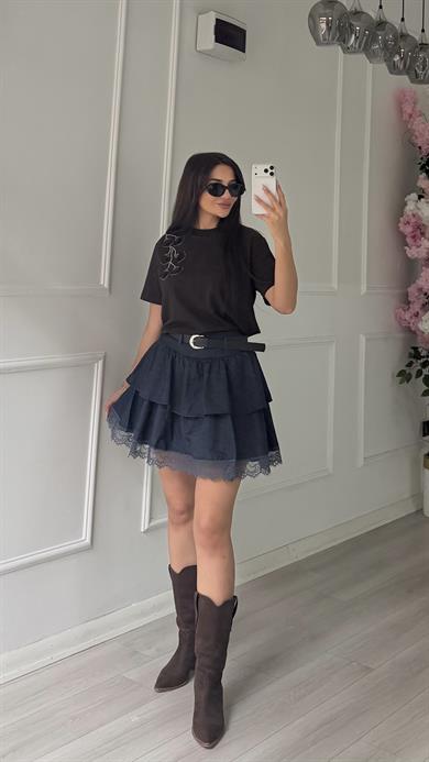 Dantel Detaylı Denim Etek