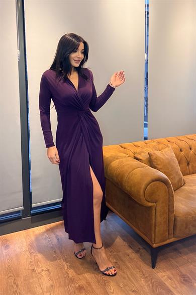 Daves Mürdüm Beli Düğüm Detaylı Önden Yırtmaçlı Elbise