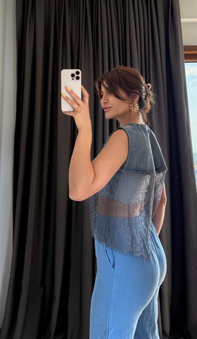  Dantel Detaylı Denim Yelek