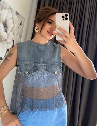  Dantel Detaylı Denim Yelek