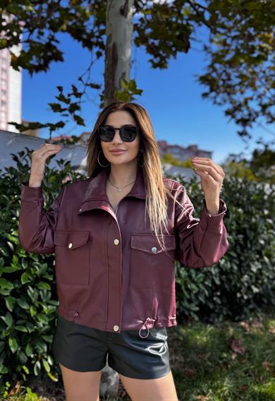 Dik Yaka Deri Ceket -Bordo