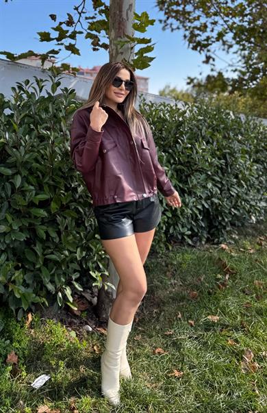 Dik Yaka Deri Ceket -Bordo