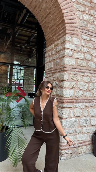 Dikiş Detaylı Yelek pantolon takım-acı kahve