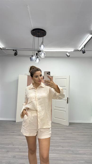 Ebru Müslin Kumaş Rahat Kesim Gömlek Şort İkili Takım