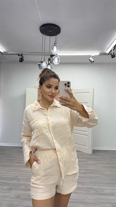 Ebru Müslin Kumaş Rahat Kesim Gömlek Şort İkili Takım