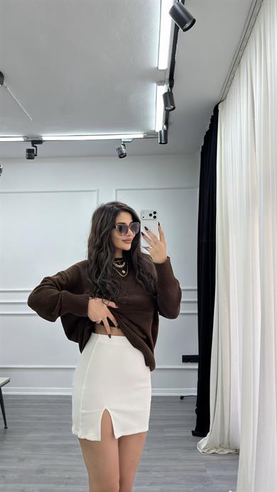 Ekru Beli Lastikli Yırtmaçlı Kısa Etek 