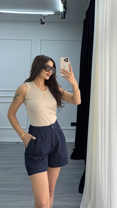 Ekru Esnek Bisiklet Yaka Kaşkorse Geniş Askılı -Bluz