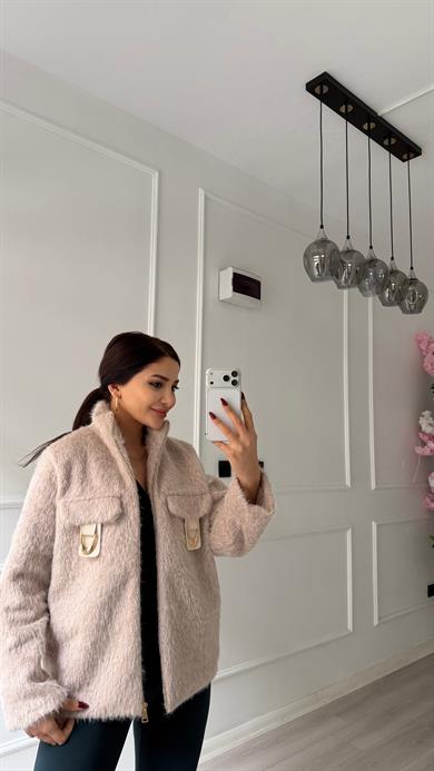 Ekru Gold Cep Detaylı Önü Fermuarlı Tüylü Ceket