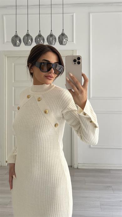 Ekru Gold Düğmeli Triko Elbise