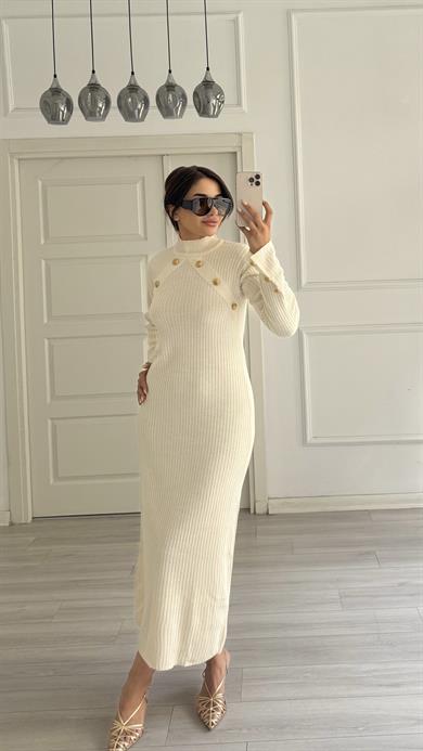 Ekru Gold Düğmeli Triko Elbise