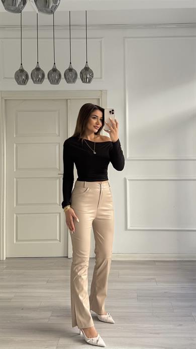 Esnek İçi Süet Dokulu Deri Pantolon Bej