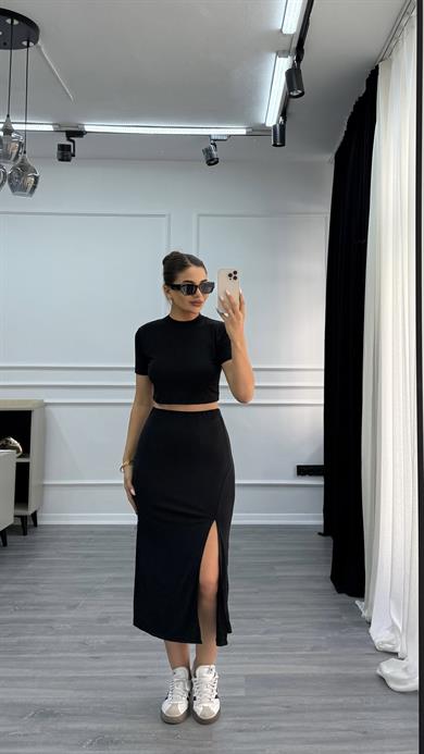 Esnek sandy Kumaş Crop Etek ikili Takım-Siyah