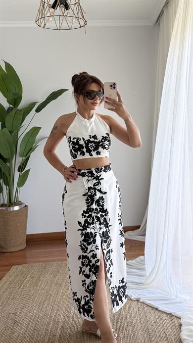 Etnik Desenli Siyah Crop ve Yırtmaçlı Maxi Etek Takım