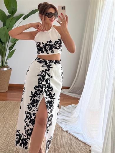 Etnik Desenli Siyah Crop ve Yırtmaçlı Maxi Etek Takım