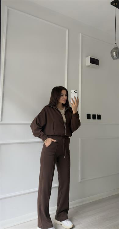 Fermuarlı Sweatshirt 2li Takım-Kahve