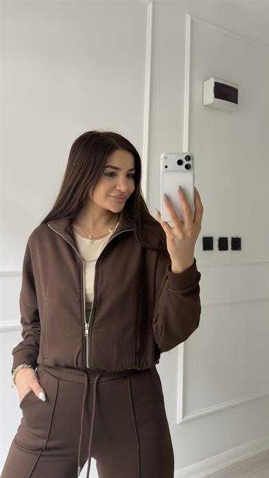 Fermuarlı Sweatshirt 2li Takım-Kahve
