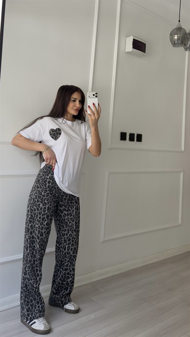 Füme Leopar Desenli Pantolon Ve Kalpli Tişört Takım