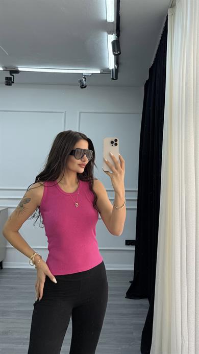 Fuşya Esnek Bisiklet Yaka Kaşkorse Geniş Askılı -Bluz